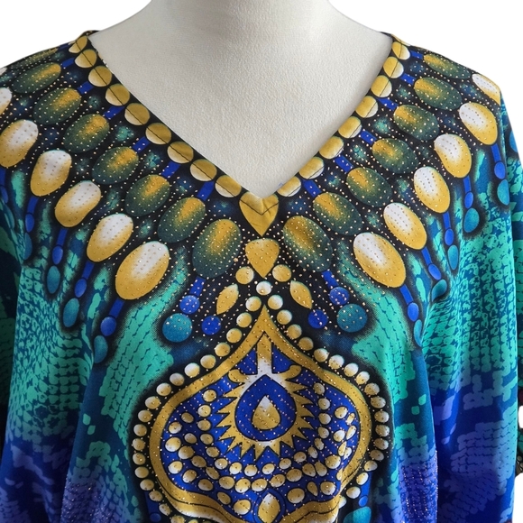 Bell Pepper One Size Maxi Vibrant Multicolor Kaftan Dress Shiny Tiny Gold Studs - Picture 2 of 16